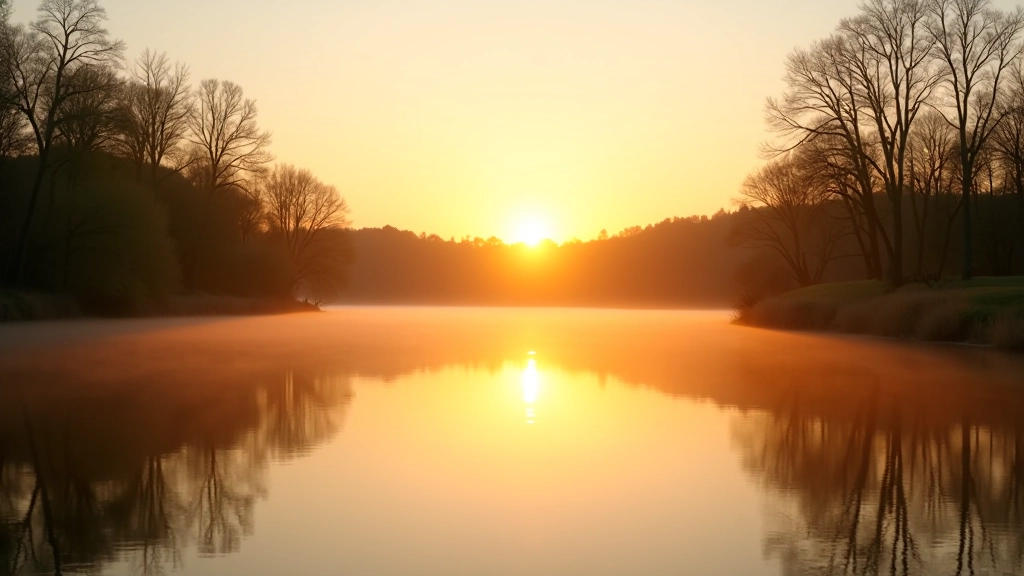 Saulės nusileidimas prie ežero, gražus pavasario vakaras su spalvingu dangumi