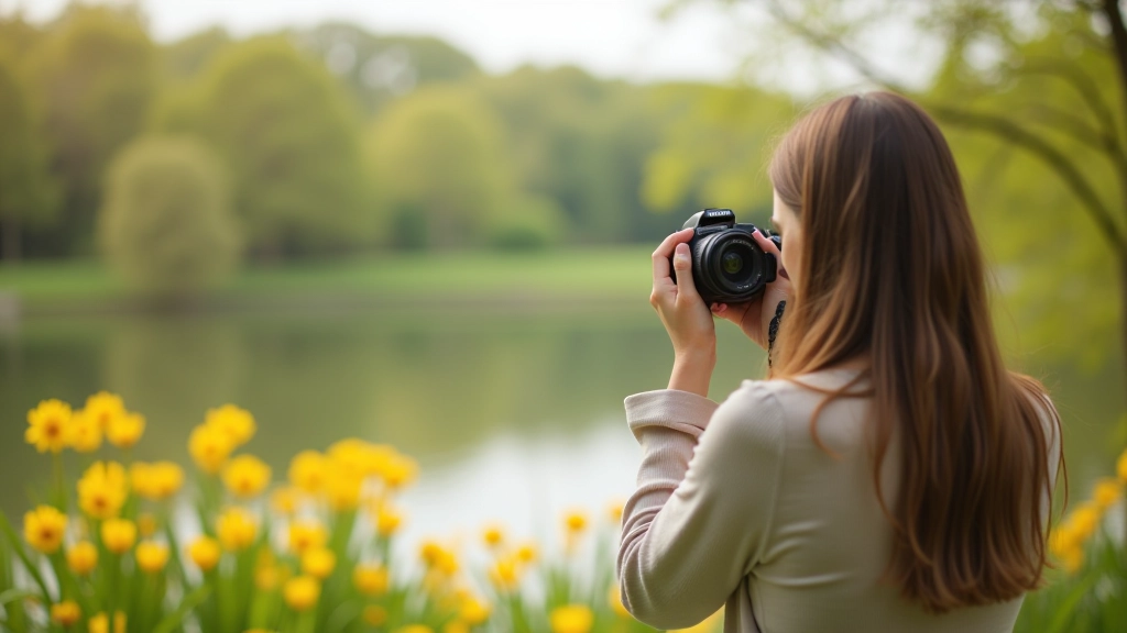 Moters rankos su fotoaparatu žiūrinčios į žiedančias gėles, pavasario nuotrauka gamtoje